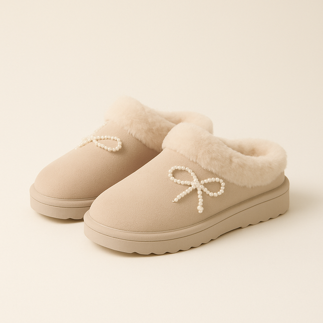 Pearl Bow Round Toe Slippers